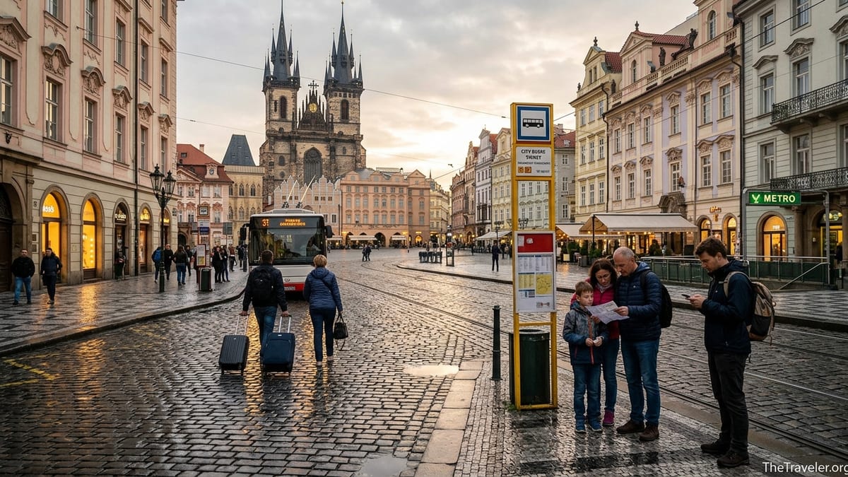 Travelers arriving in Prague Old Town Square from the airport by public transport at dusk.