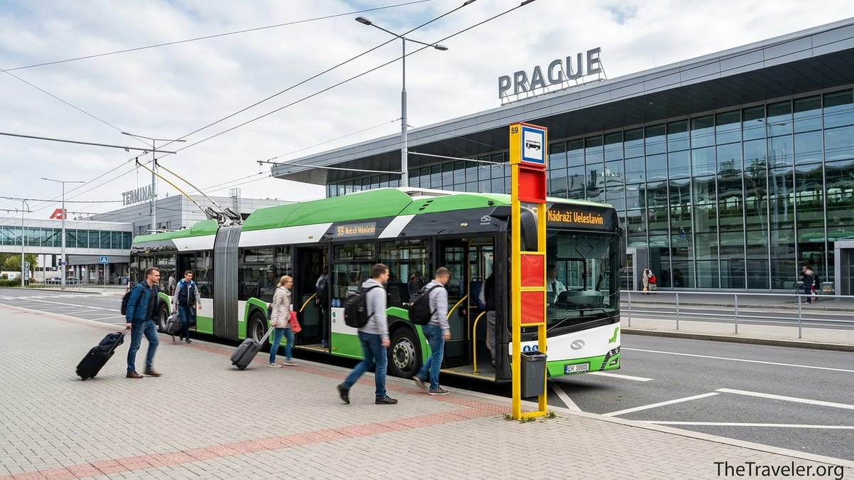 Trolleybus 59 at Prague Airport Terminal 2 stop with passengers boarding.