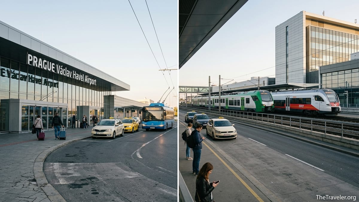 Exterior views of Prague and Vienna airport terminals with trains, buses and taxis in soft afternoon light.