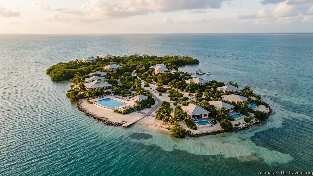 Aerial view of Prana Maya Island Resort on a small mangrove-fringed island off Placencia, Belize, surrounded by calm blue sea
