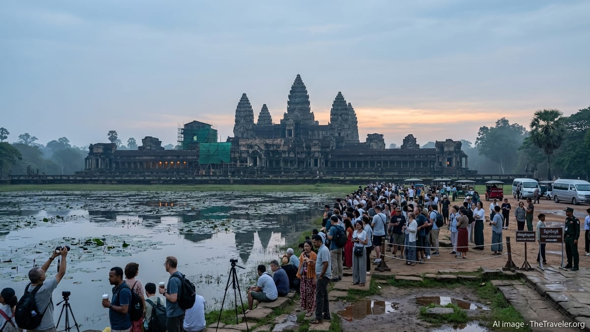 Pre-dawn scene at Angkor Wat in 2026 with travelers awaiting sunrise.