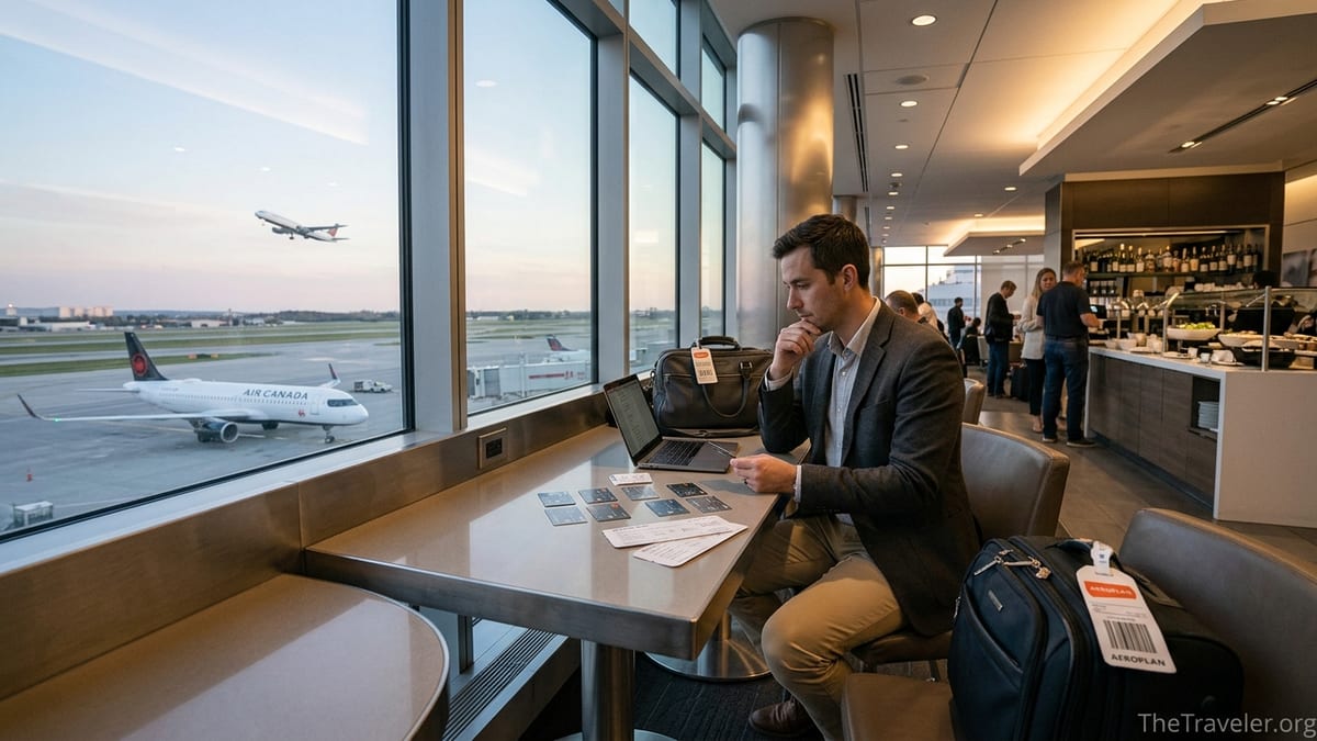 Traveler in an airport lounge comparing premium credit cards with an Air Canada jet outside the window.