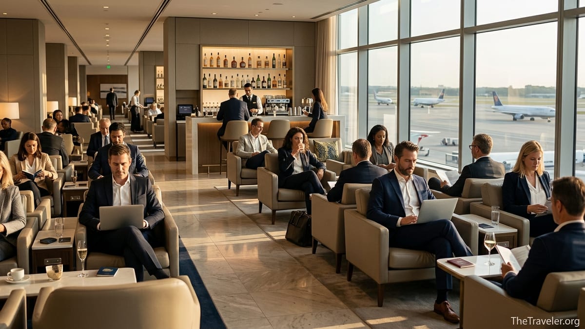 Travelers relaxing in a bright premium airport lounge with planes visible outside large windows.