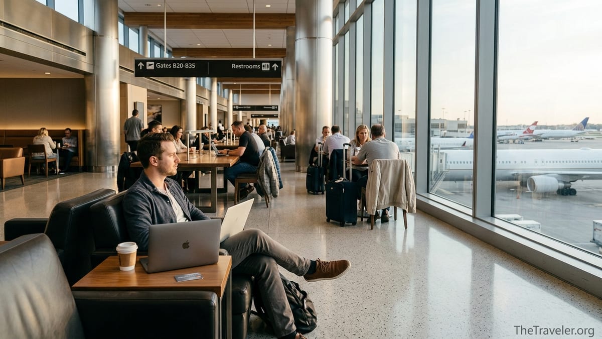 Traveler relaxing in an upscale airport lounge with credit card and laptop at sunset.
