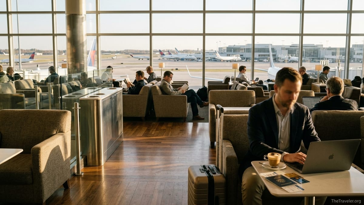 Traveler with premium credit card relaxing in a bright airport lounge at sunset.