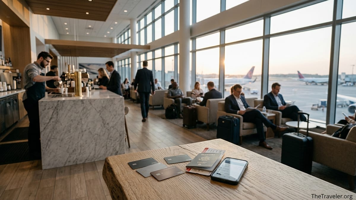 Travelers in an airport lounge with premium credit cards, passport and boarding pass on a table.
