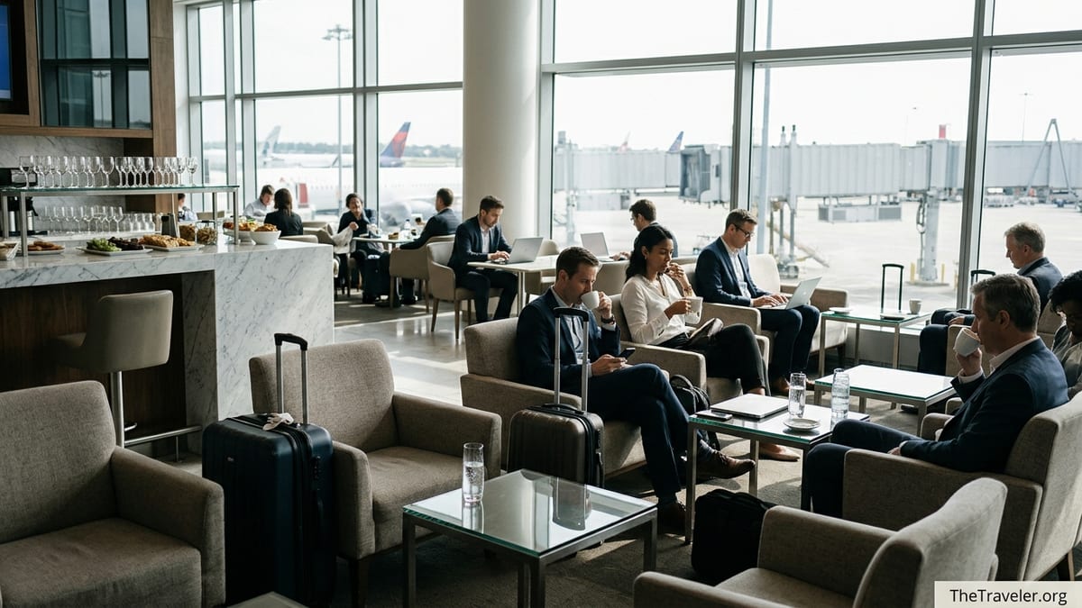 Travelers relaxing with laptops and drinks in a bright modern airport lounge.