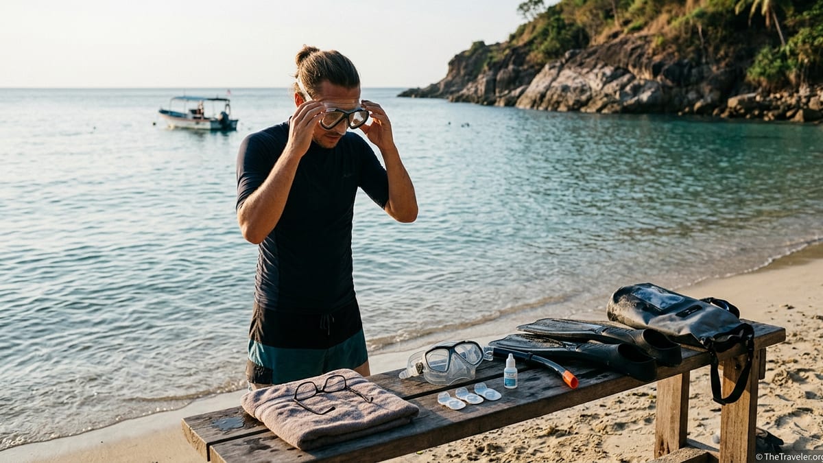 Traveler adjusting a prescription snorkel mask beside snorkel gear and glasses on a tropical beach.