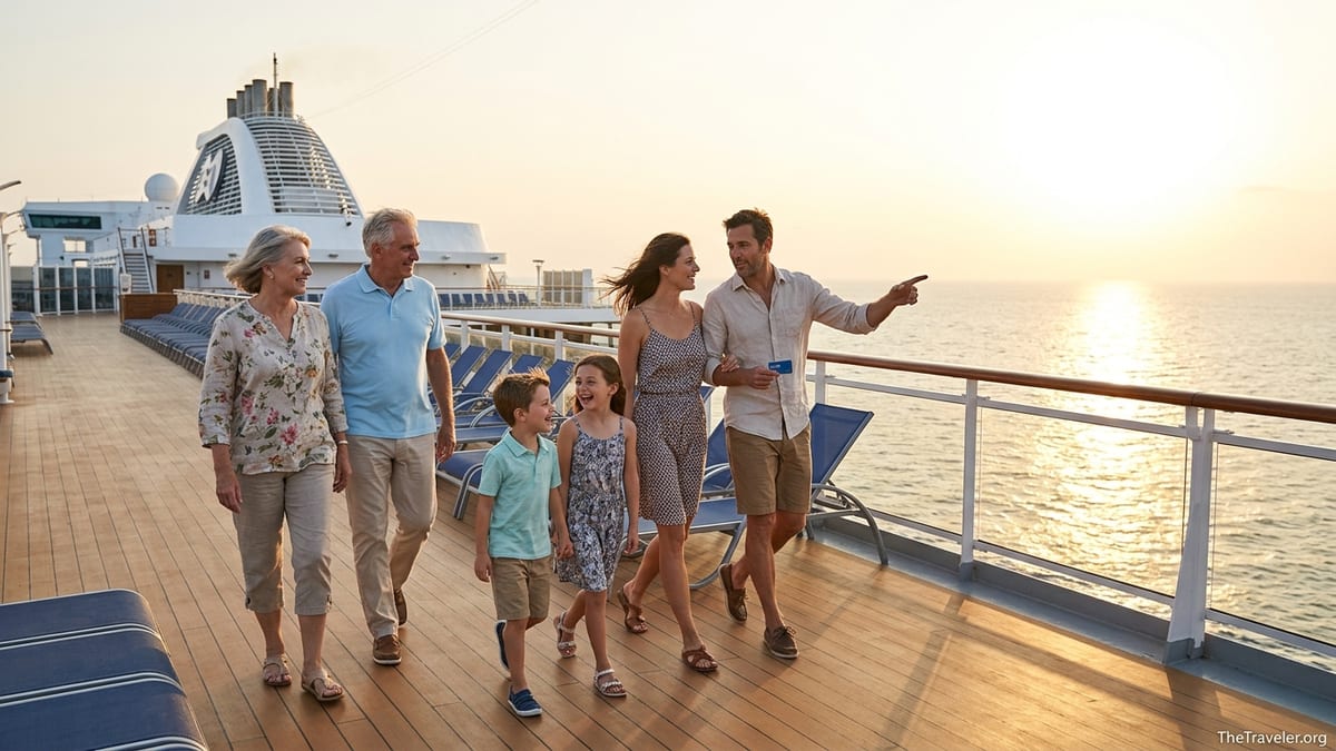 Family walking on the deck of a Princess cruise ship at sunset discussing travel plans.