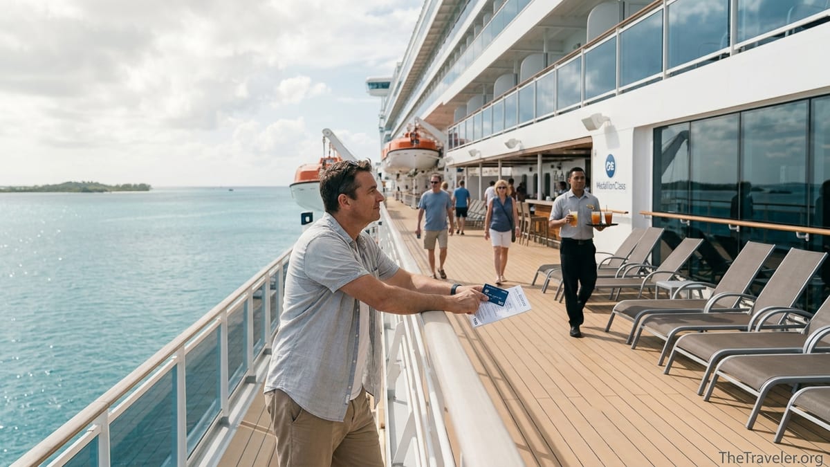 Traveler holding a cruise credit card on a Princess Cruises ship deck overlooking the sea.