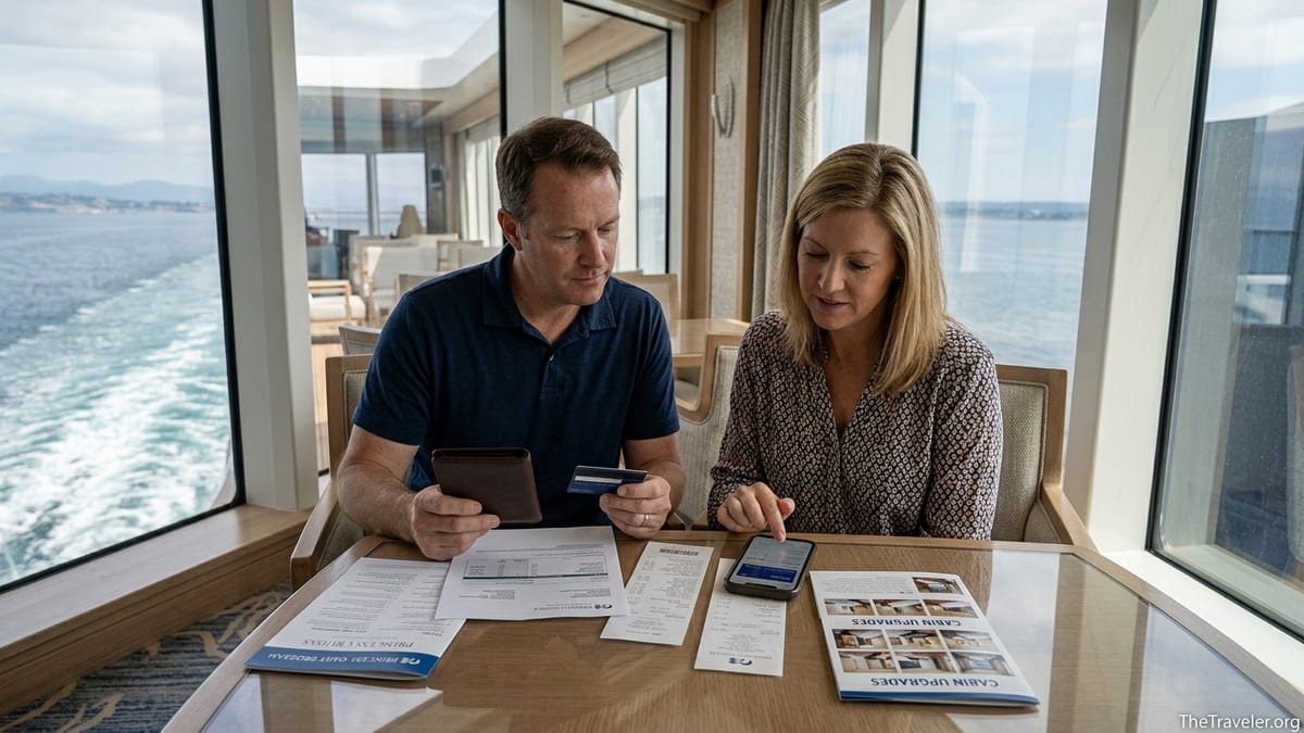 Couple on a Princess cruise reviewing credit card rewards and cruise costs by a window overlooking the sea.