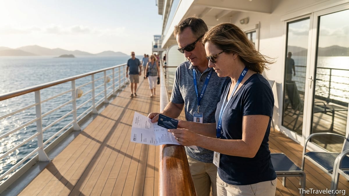 Couple on a Princess cruise ship deck reviewing a credit card bill at sunset.