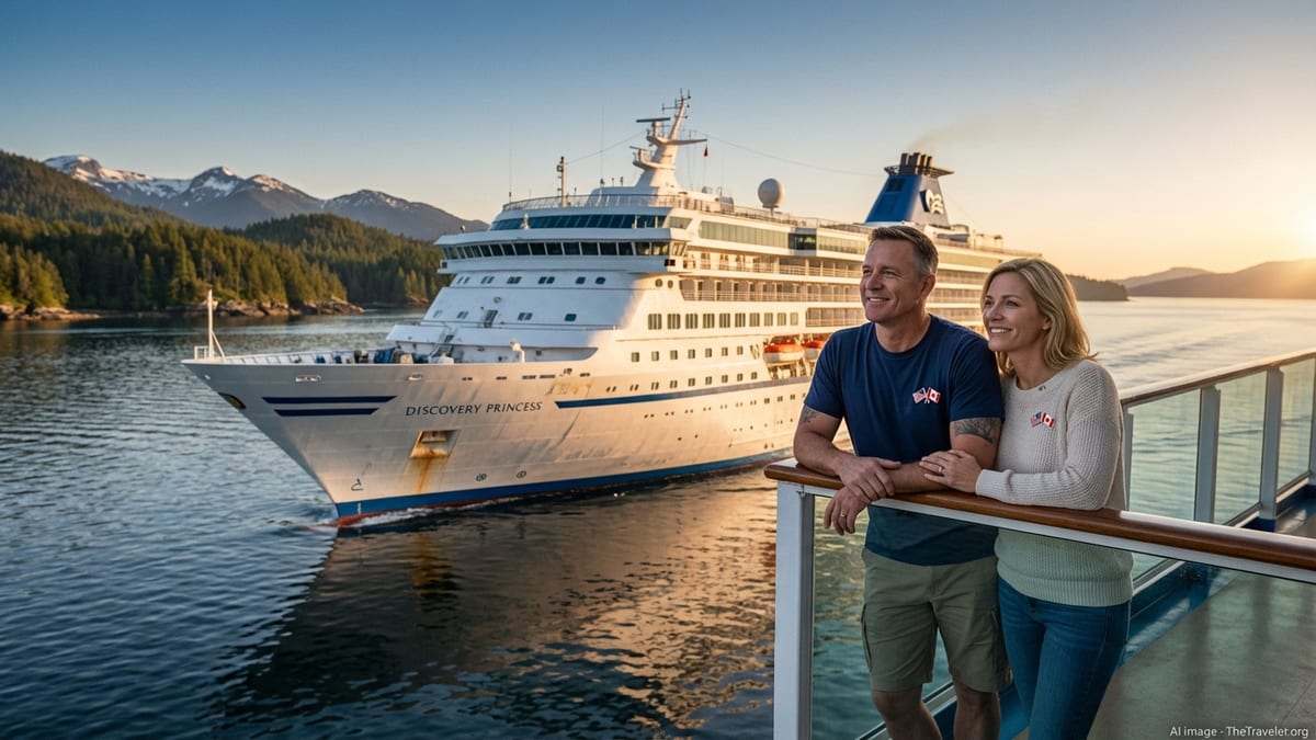 Military veteran couple on a balcony of a Princess cruise ship at sunset overlooking calm sea and distant coastline.