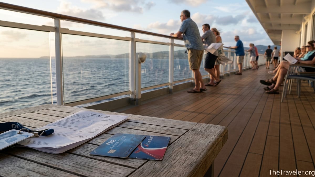 Cruise ship deck table with Princess and Carnival credit cards overlooking the ocean at sunset