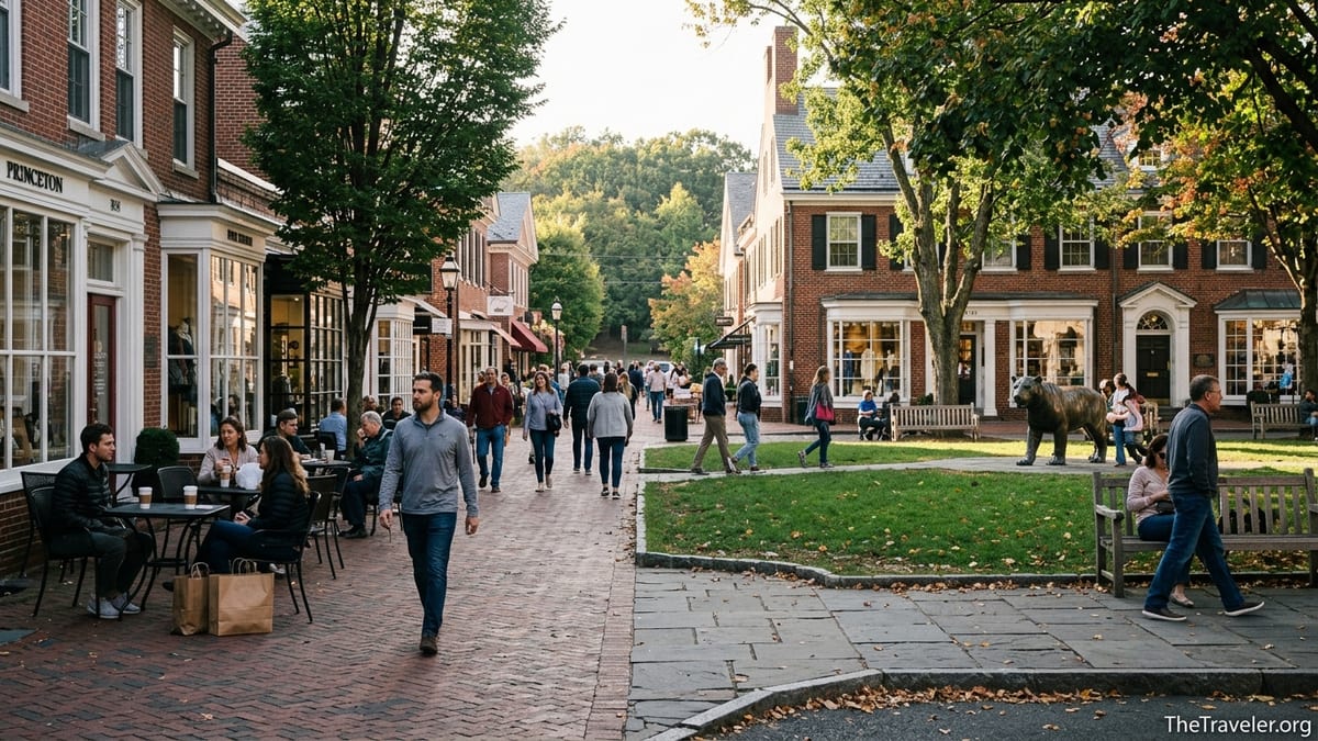 People walking through Palmer Square in downtown Princeton on a sunny afternoon.