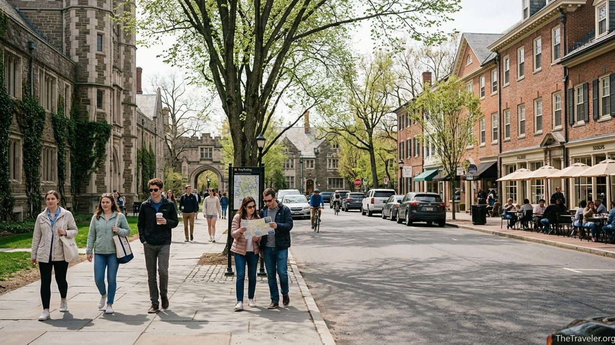 Street-level view of Princeton campus and Palmer Square shops with pedestrians on a sunny day.