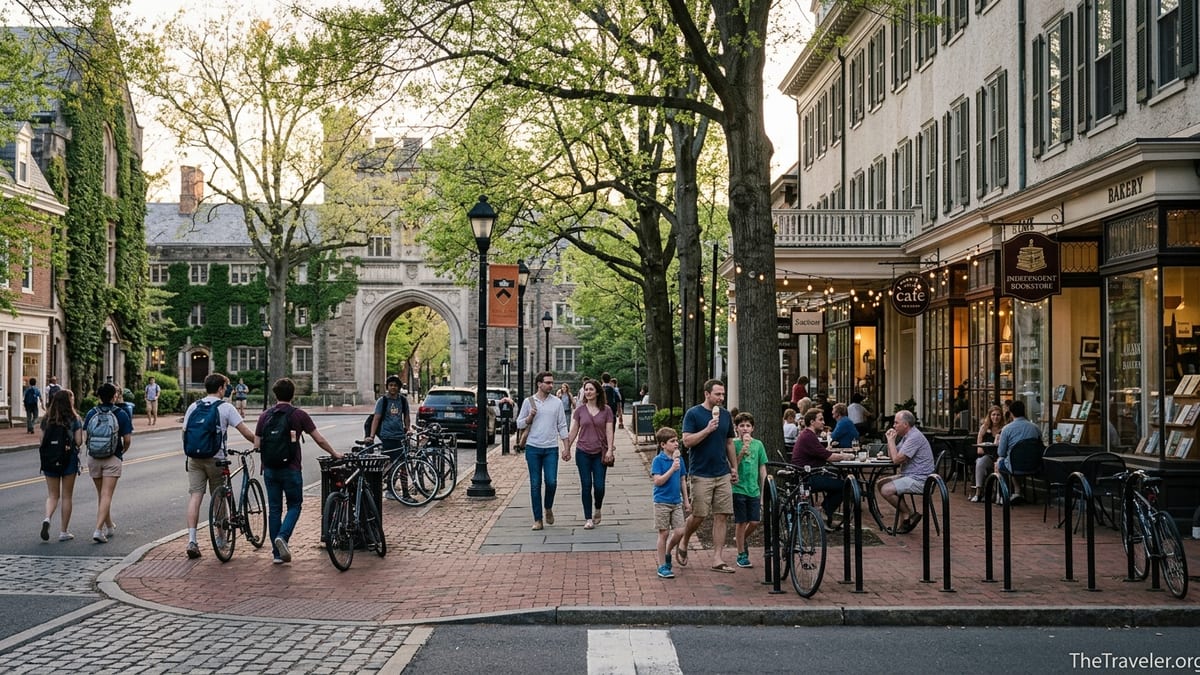 Golden-hour street scene in downtown Princeton with Palmer Square shops and pedestrians.