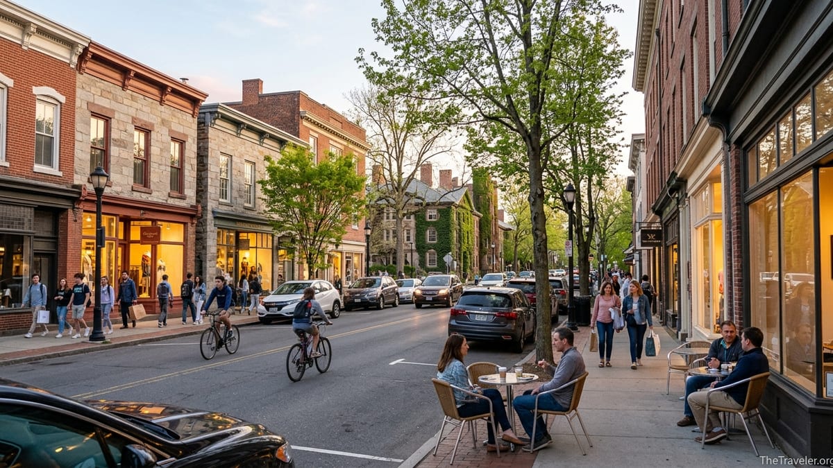 Early evening street scene on Nassau Street in downtown Princeton, with people walking and shopping beside historic brick fac