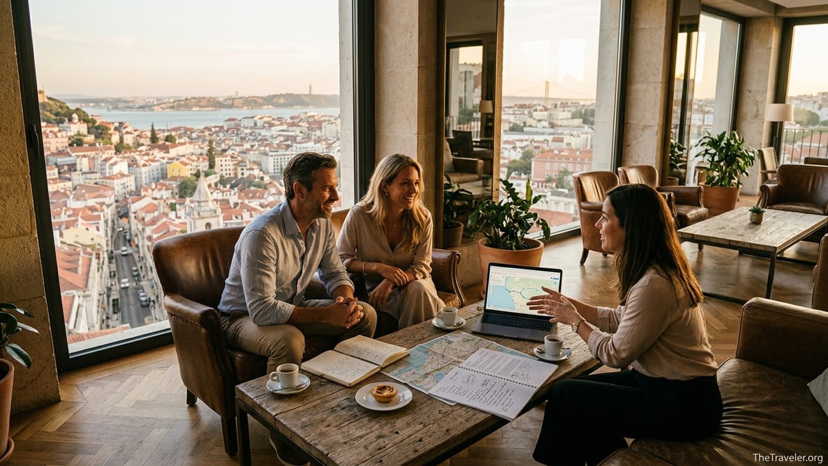 Couple planning a luxury city trip with a travel curator in a sunlit hotel lounge.
