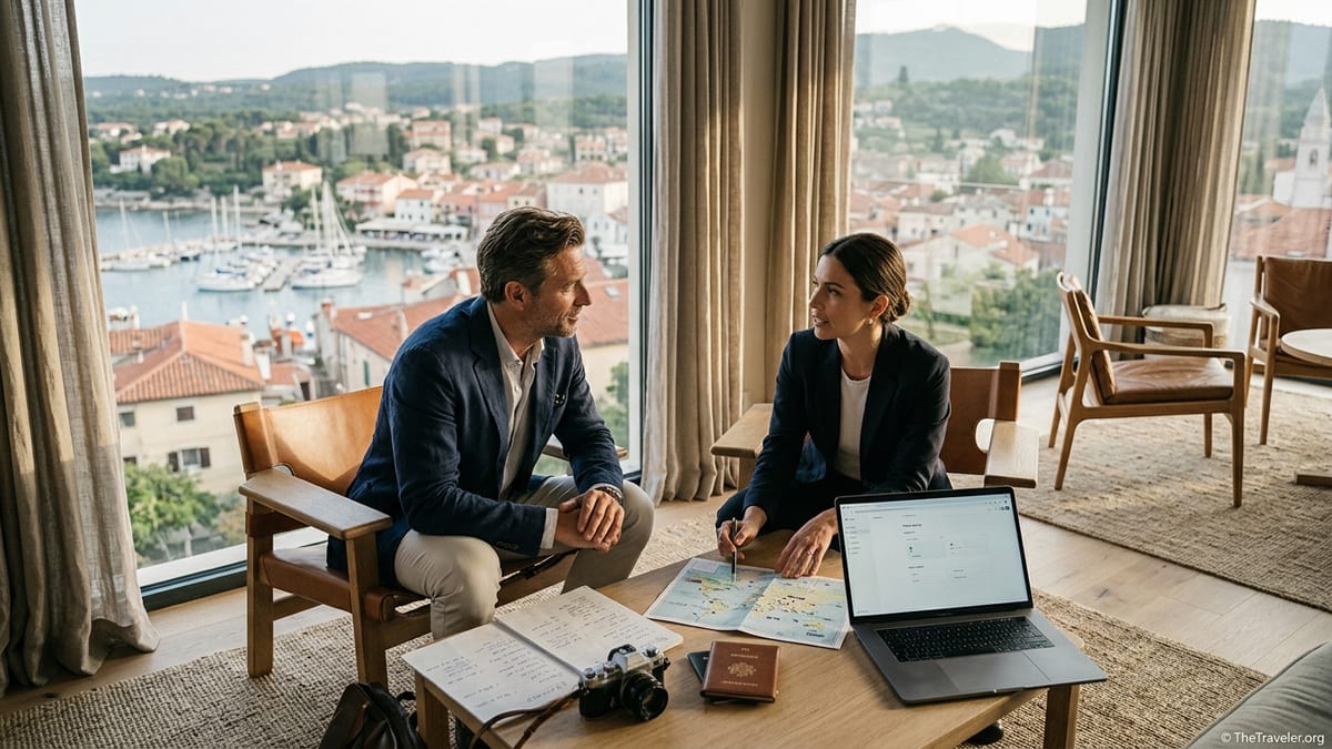 Traveler meeting with an advisor in a sunlit lounge overlooking a European coastal town
