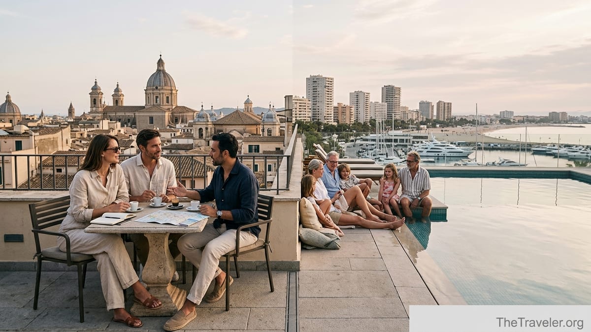 Luxury travelers split between a historic city rooftop and a modern seaside infinity pool at sunset.