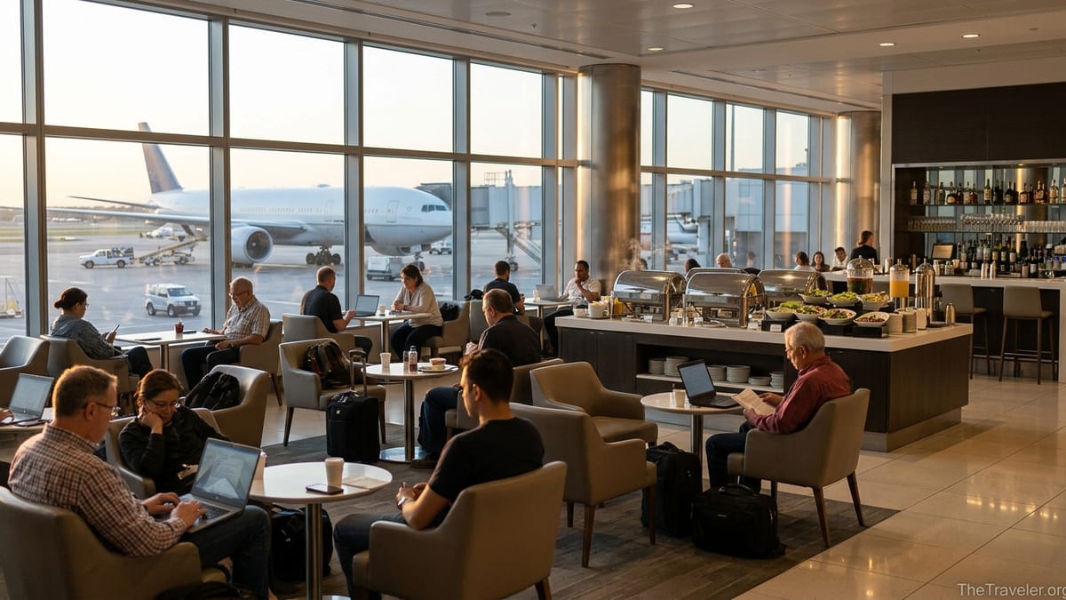 Travelers relaxing and working inside a bright airport lounge with runway views.