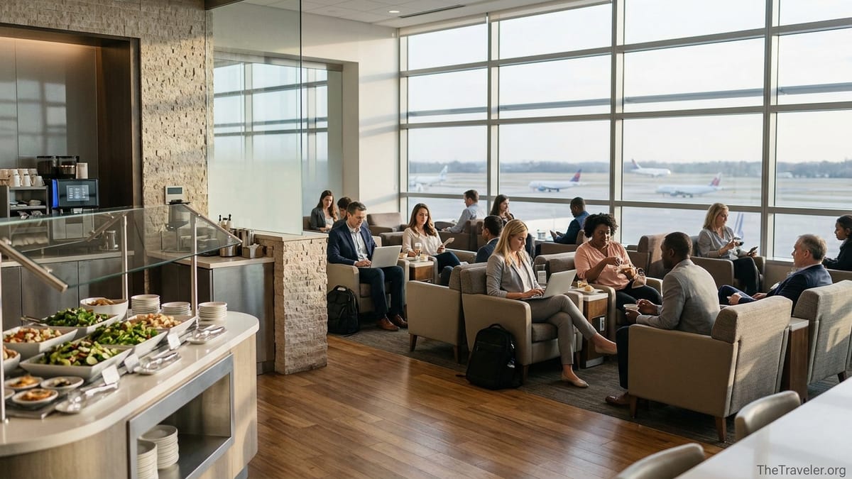 Travelers relaxing and working inside a bright modern airport lounge with runway views.