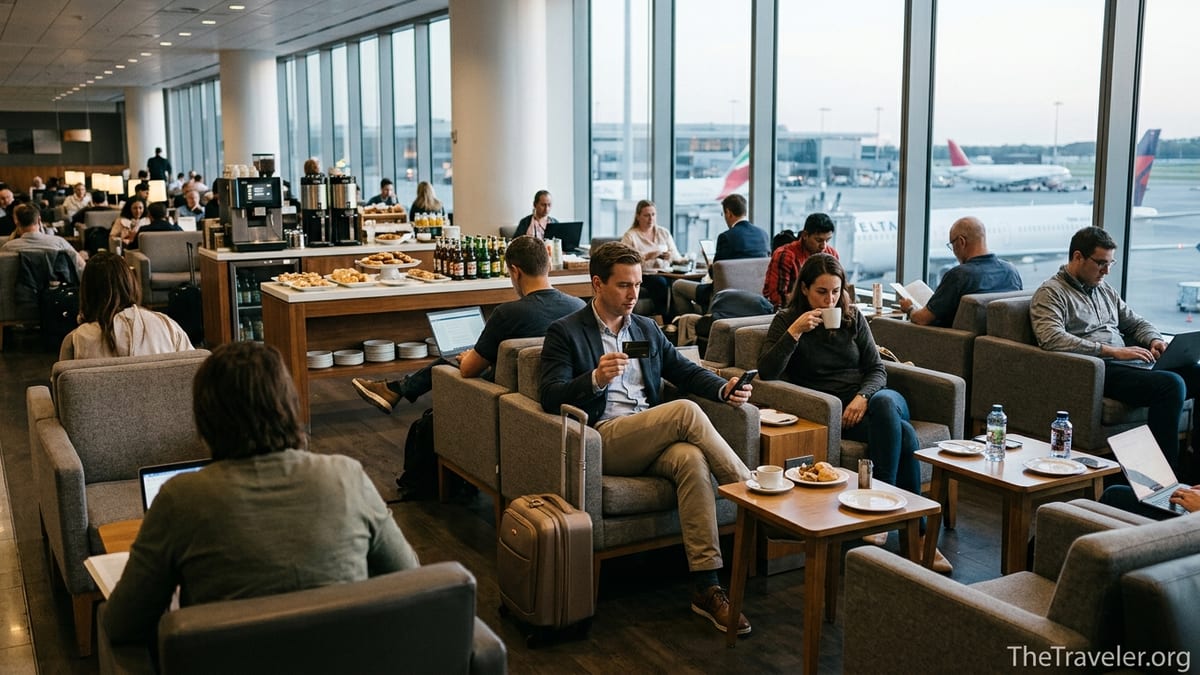 Travelers using Priority Pass relax in a busy airport lounge with views of aircraft outside large windows.