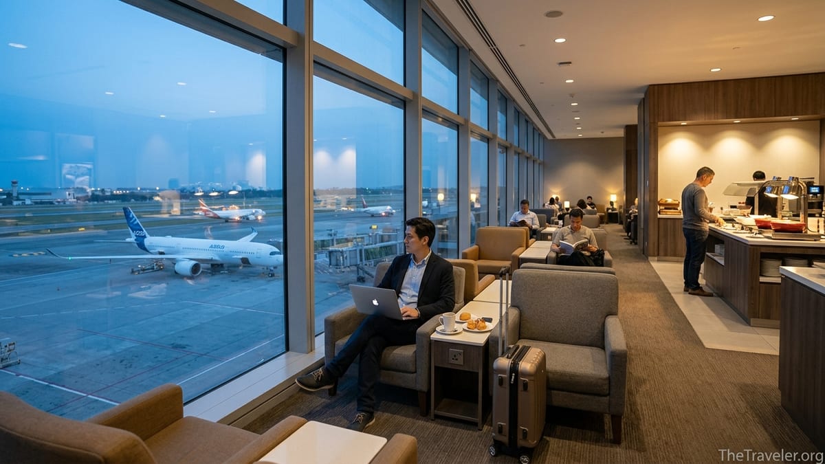 Traveler working on a laptop in a busy airport lounge overlooking the runway at dusk