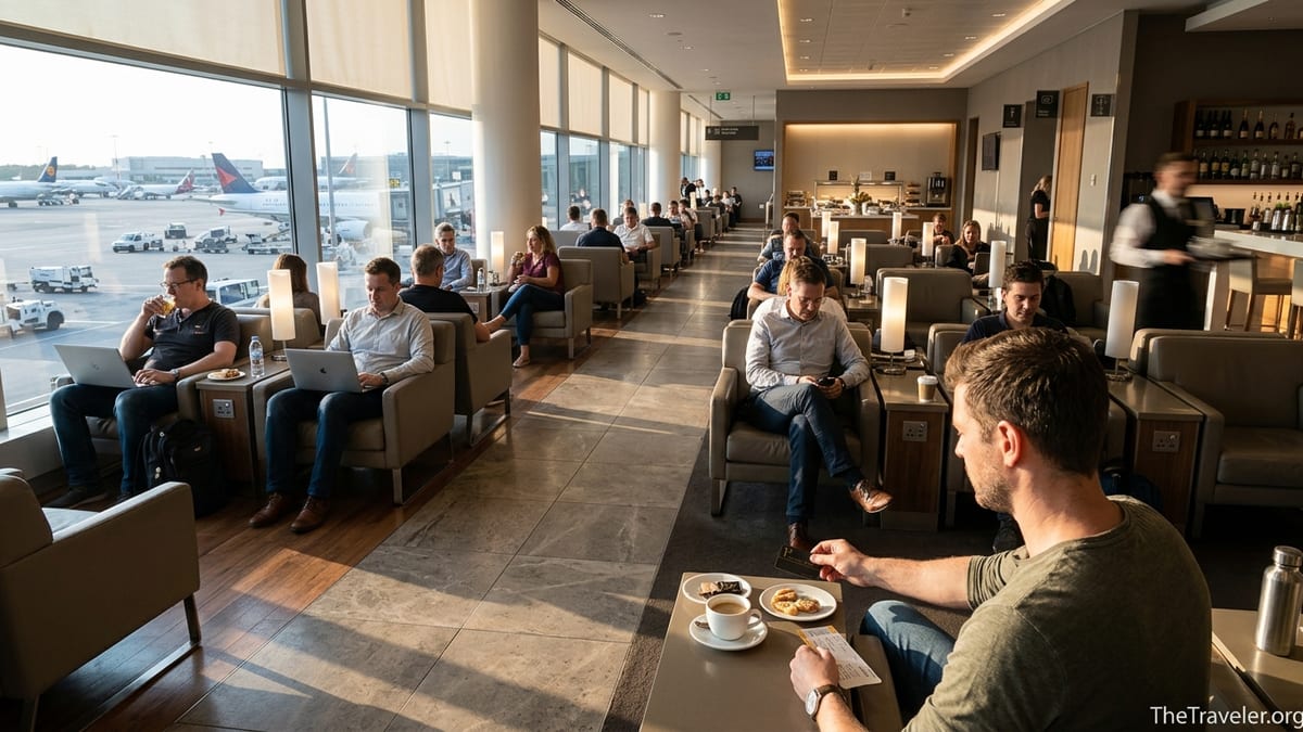 Traveler using a Priority Pass card in a modern airport lounge overlooking planes at sunset.