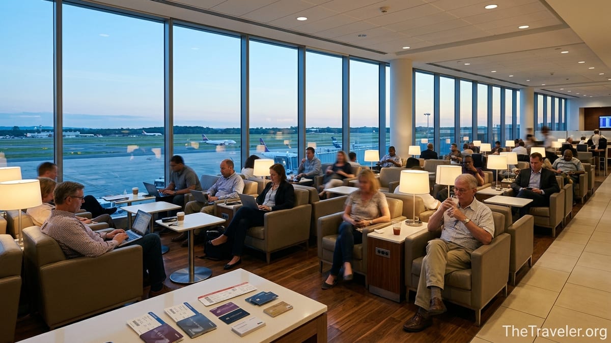Travelers relaxing and working inside a modern airport lounge overlooking the runway at dusk.