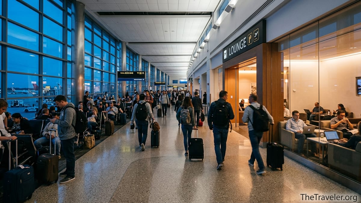 Busy airport terminal with a calm, warmly lit lounge entrance beside crowded gate seating.