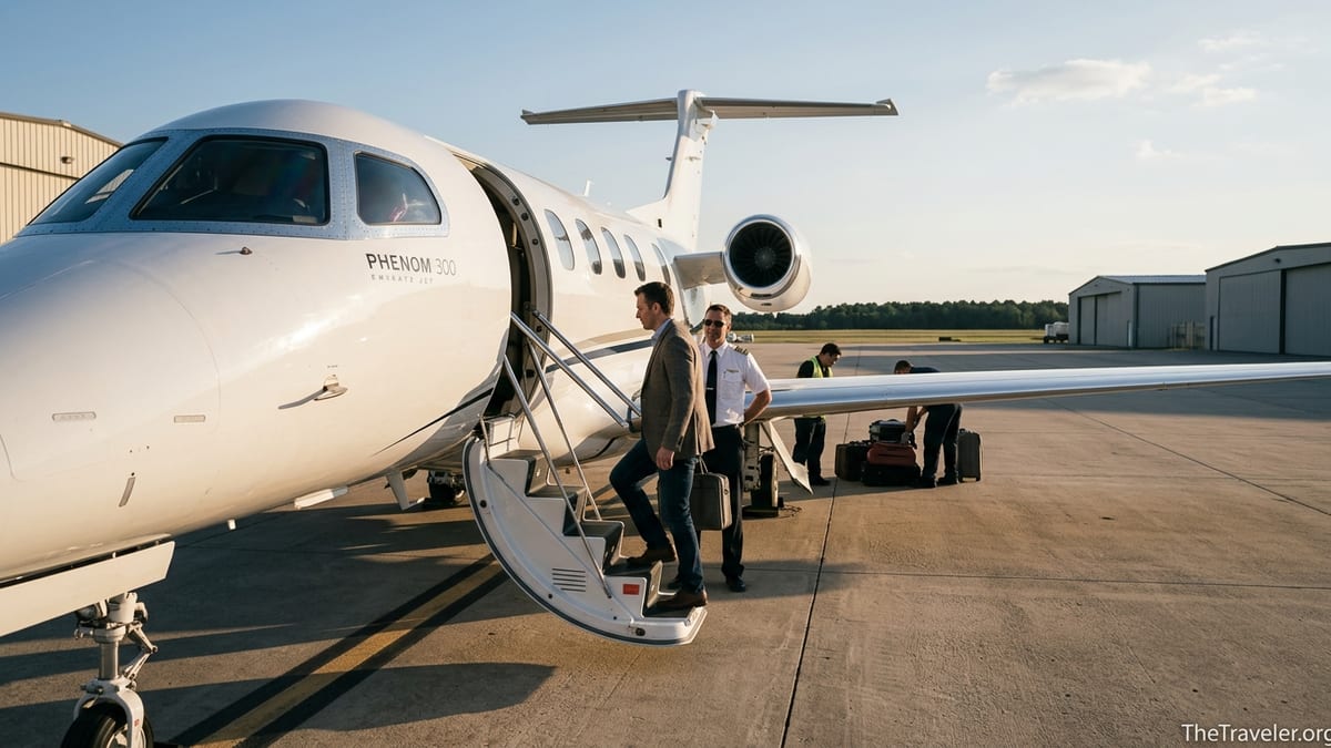 Traveler boarding a modern private jet at sunset with pilot waiting at the stairs