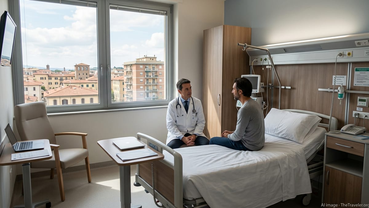 Modern private hospital room in Italy with doctor speaking to patient by a large window.