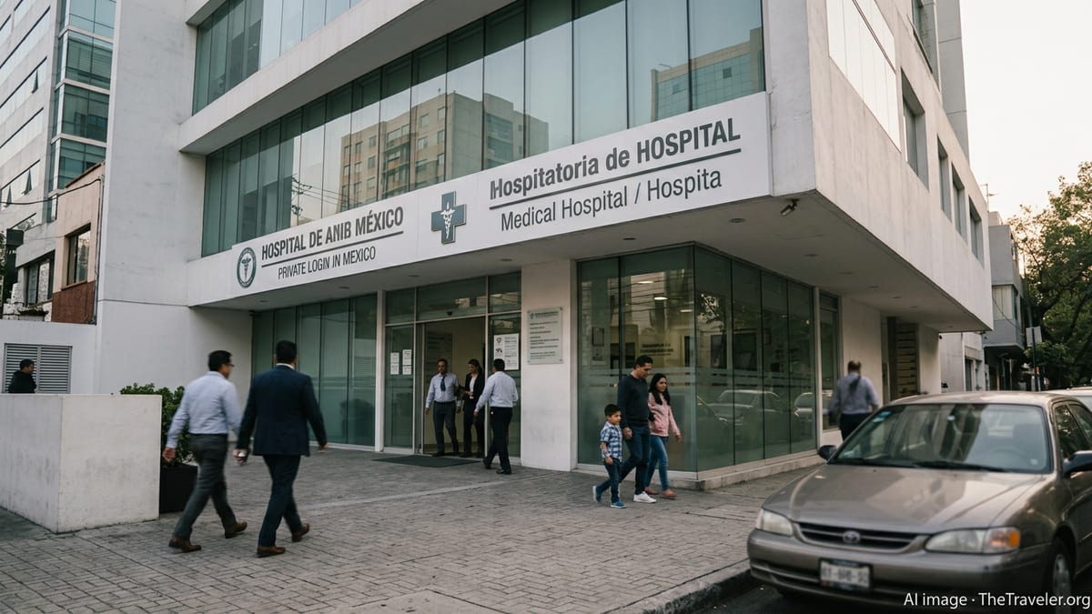 Modern private hospital in Mexico City with people entering and exiting on a sunny afternoon
