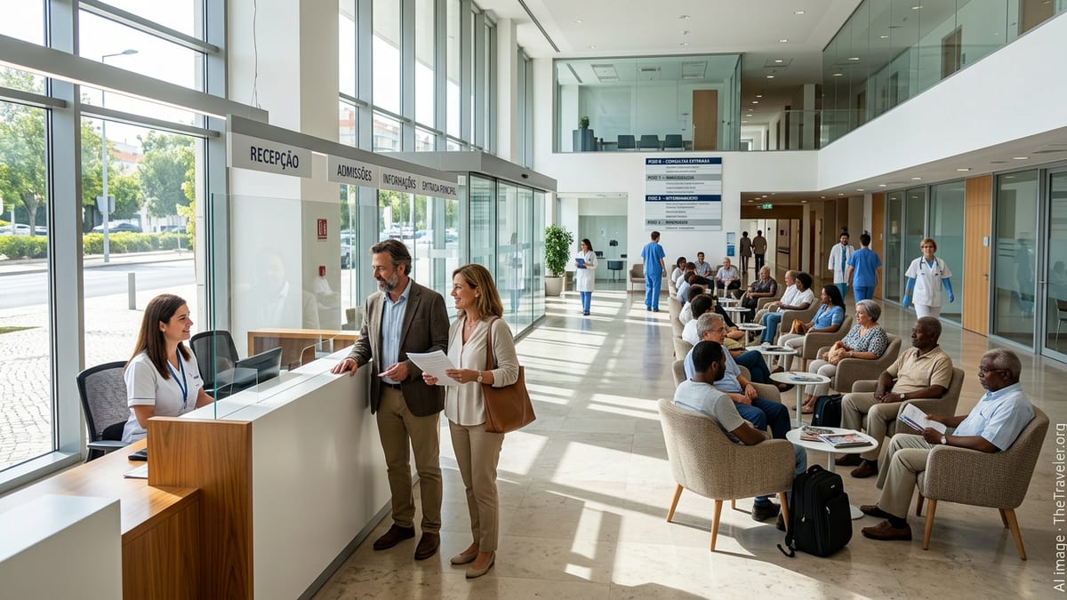 Reception area of a modern private hospital in Portugal with patients and staff.