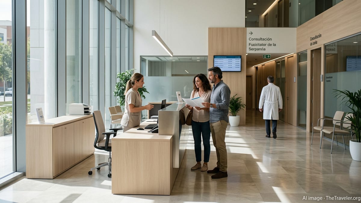 Lobby of a modern private hospital in Spain with staff assisting patients at reception.