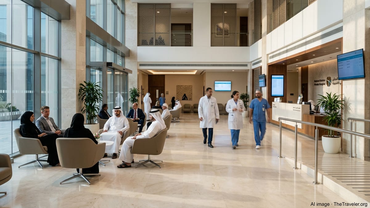 Modern private hospital lobby in the UAE with patients and staff in a bright, high-end setting.