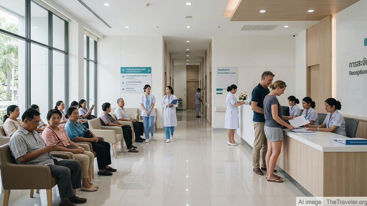 Lobby of a modern private hospital in Thailand with staff and international patients.