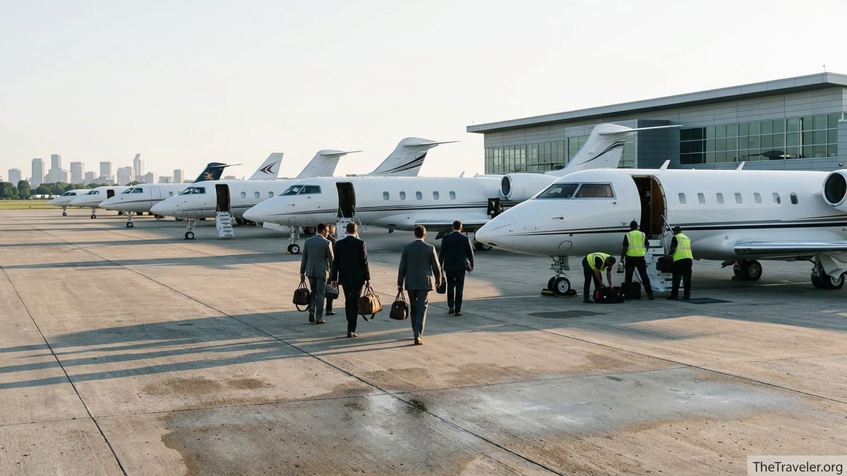 Travelers walking toward a private jet at sunrise on a busy airport apron