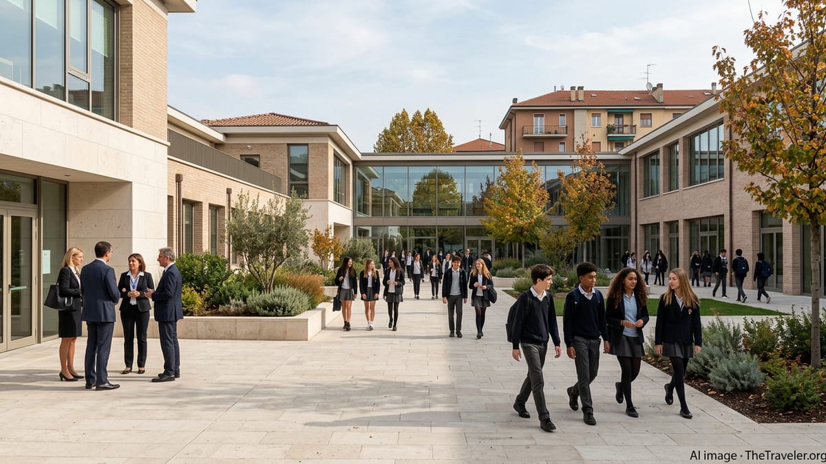 Courtyard of an Italian international school in Milan with students and parents between modern buildings.