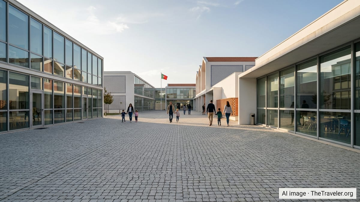 Parents and children walking across a modern international school campus in Portugal.