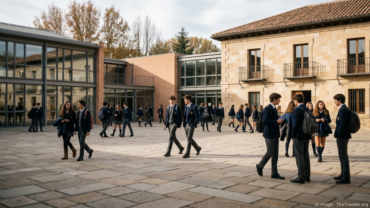 Students walking through a modern private school courtyard in Spain with contemporary and traditional buildings.