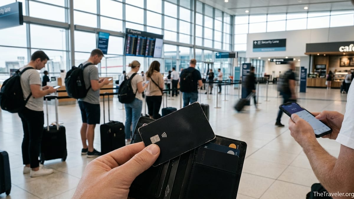 Traveler holding a black credit card in a busy airport departure hall.