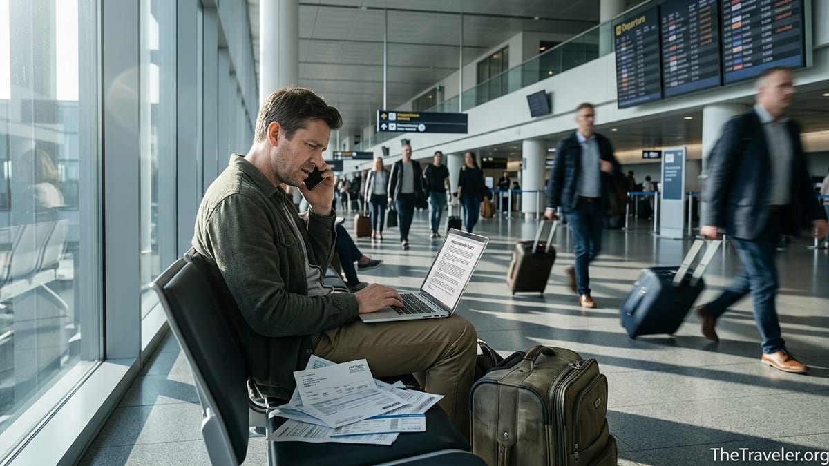 Traveler in an airport reviewing confusing travel insurance documents after a disrupted trip.