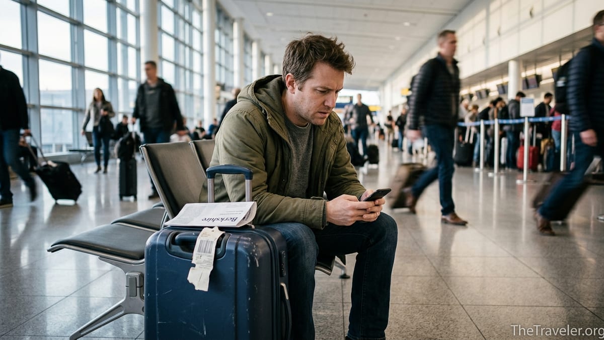 Worried traveler at an airport bench with damaged suitcase and papers, motion-blurred passengers in background.