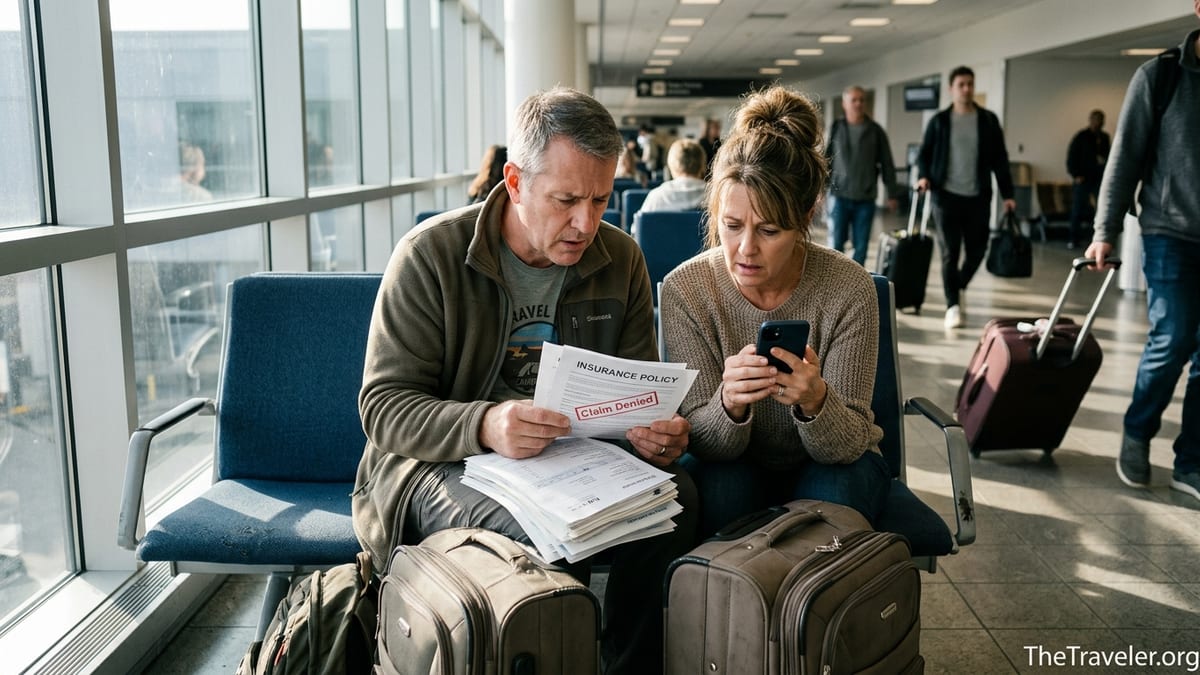 Anxious travelers review denied insurance documents in a busy airport waiting area.