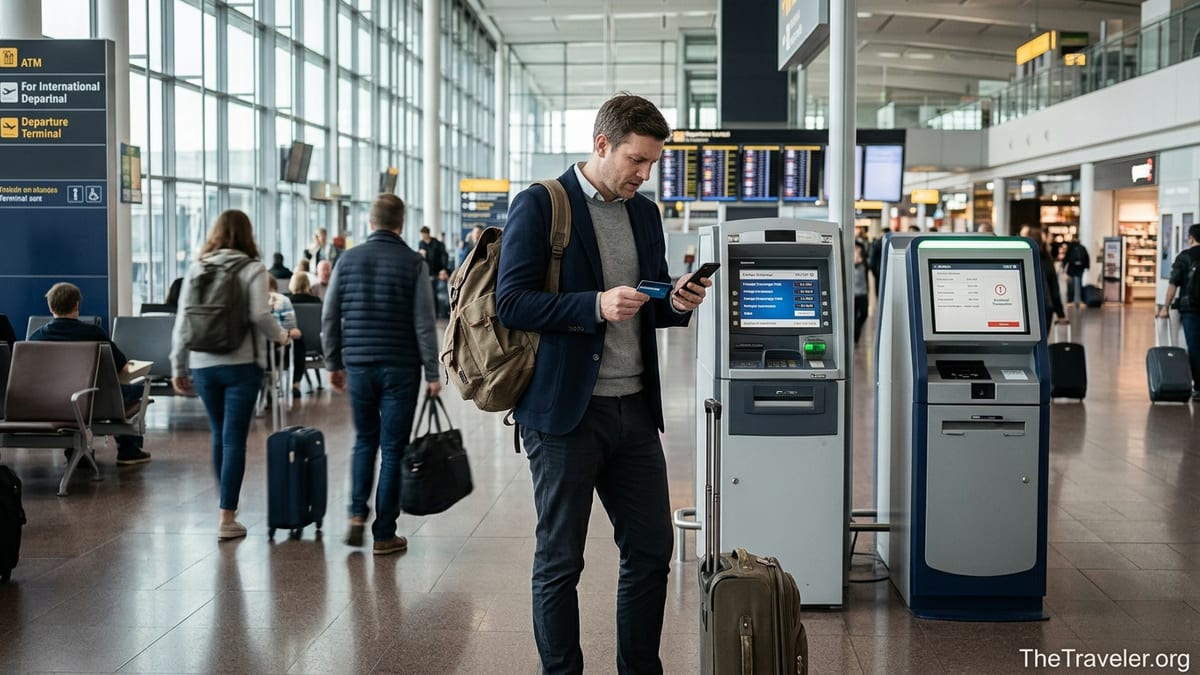 Traveler checking a credit card and phone near an ATM in a busy airport terminal.