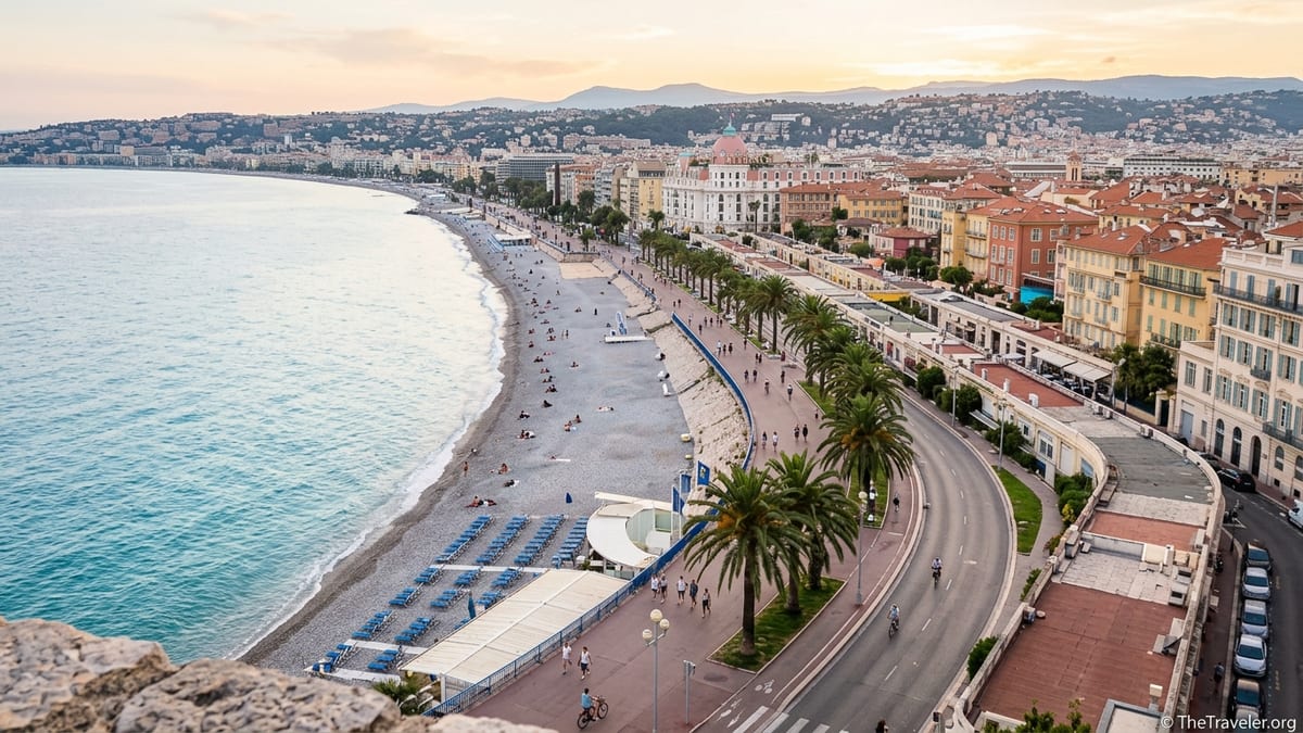 Aerial view of Nice’s Promenade des Anglais curving along the turquoise Baie des Anges at sunset.