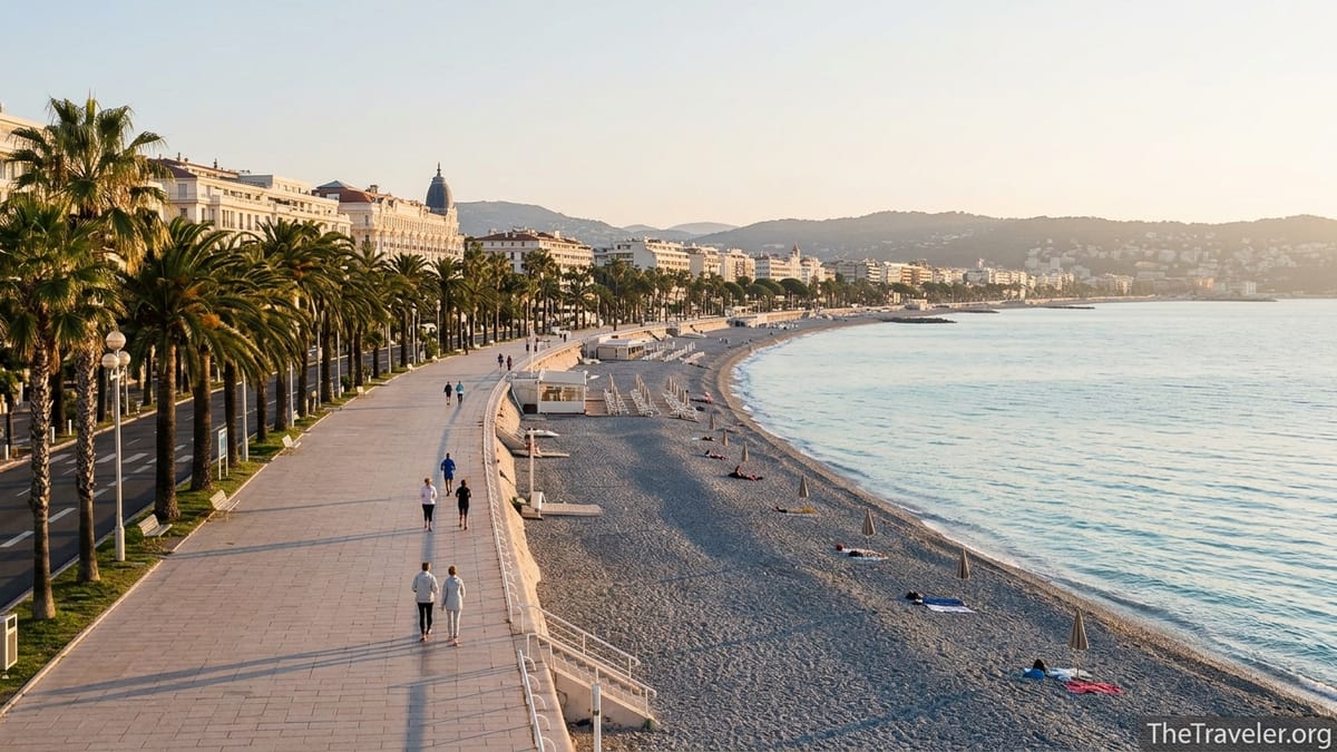 Sunrise over Nice’s Promenade des Anglais with blue chairs, palm trees and the Bay of Angels.